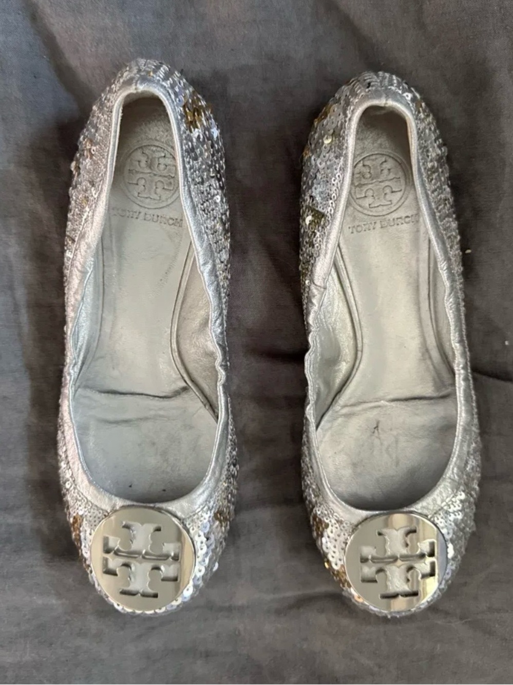Tory Burch Silver Sequin Reva Logo Ballet Flats
